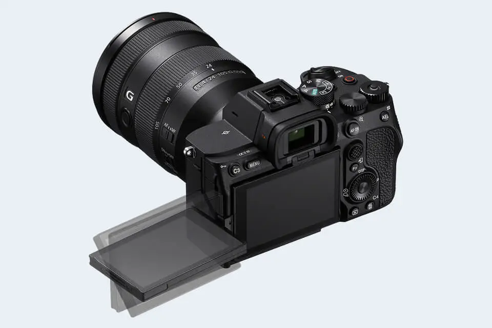 A Sony A7 IV with the rear screen flipped out to show how the screen articulates.