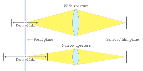 Diagram comparing depth of field from a wide aperture and a narrow aperture.