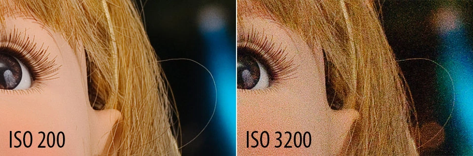 Comparison image showing ISO 200 with less noise and ISO 3200 with more noise.