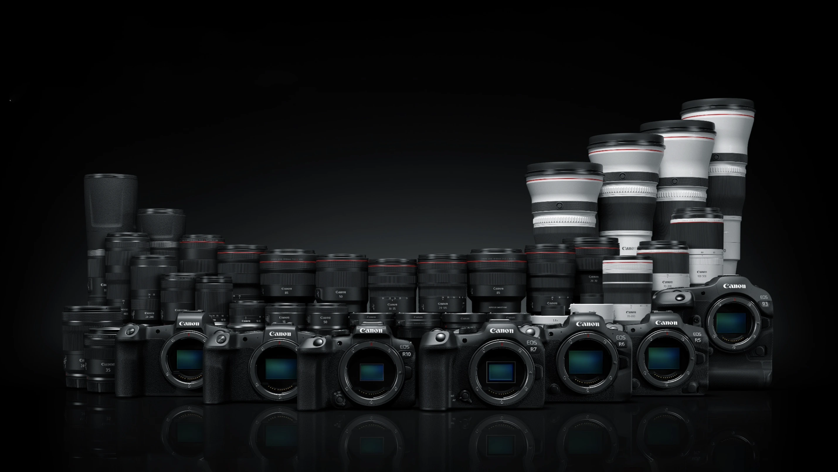 A collection of cameras and lenses arranged on a dark surface.