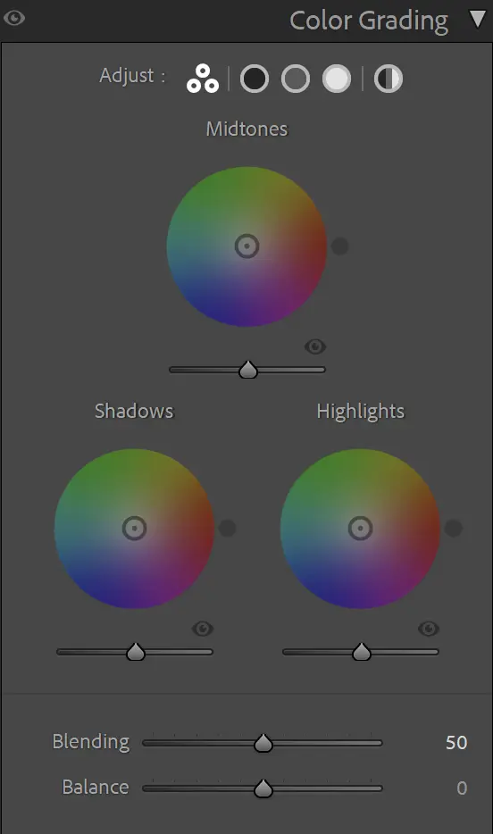 Lightroom color grading wheels for midtones, shadows, and highlights.
