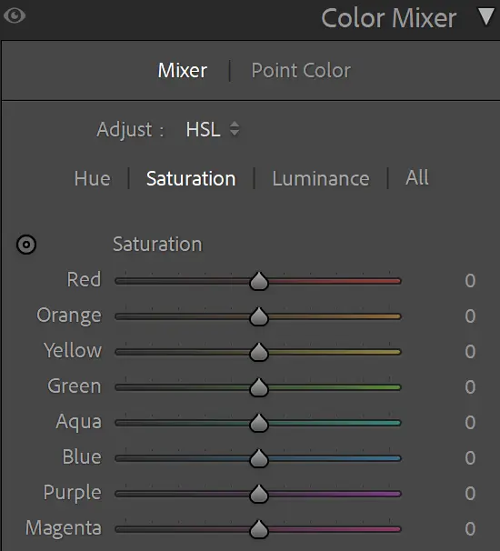 Lightroom color mixer panel with hue, saturation, and luminance controls for individual colors.